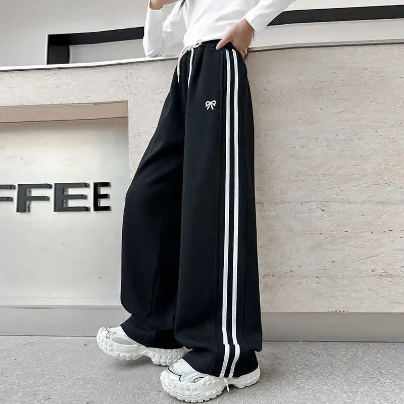 RAISE YOUNG 4-14Y Girls Sweatpant Pure Cotton Side Striped Junior Girl Sports Pant Loose Elastic Waist School Girl Straight Pant