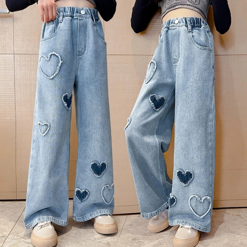 Teenagers Girls Jeans Love Embroidery Children Trousers Autumn Girls Denim Wide Leg Pants 5 6 8 10 12 14 Years New Kids Clothes