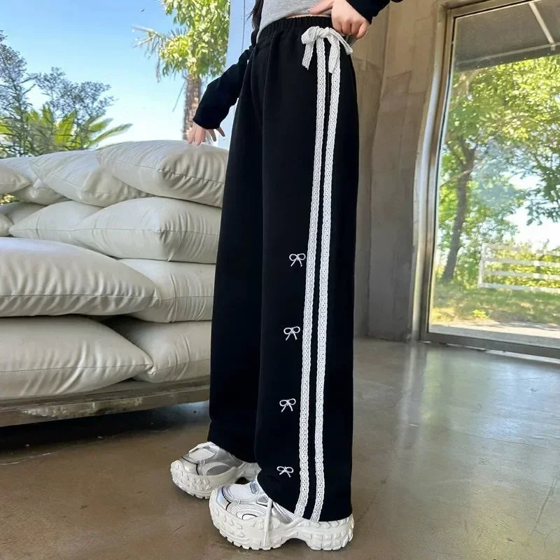 RAISE YOUNG 4-14Y Girls Sweatpant Pure Cotton Side Striped Junior Girl Sports Pant Loose Elastic Waist School Girl Straight Pant