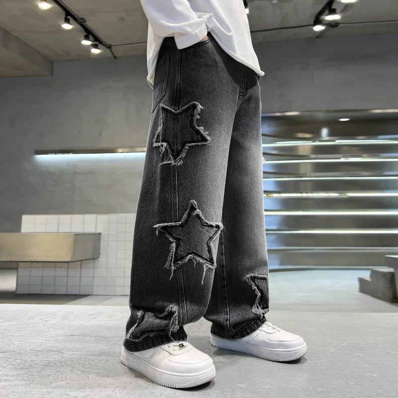 Kids Trousers New Fashion Teenager Boys Denim Wide Leg Pants Child Trousers Spring Autumn Star Splicing Raw Edge Jeans 5-14 Yrs