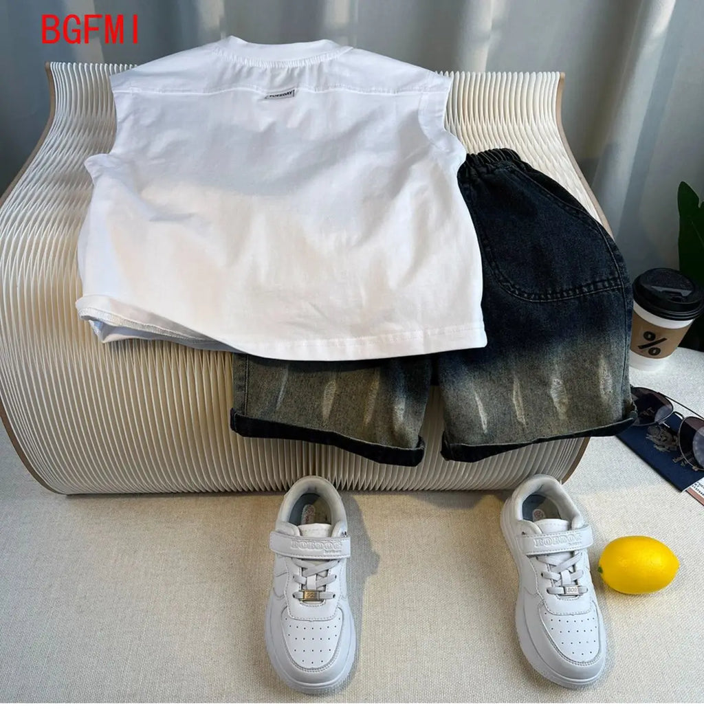 Kids Handsome Summer Clothing Denim Suit for Boy Casual T-shirt & Short Jeans 2Pcs Set Children's Top and Bottom Clothes Set