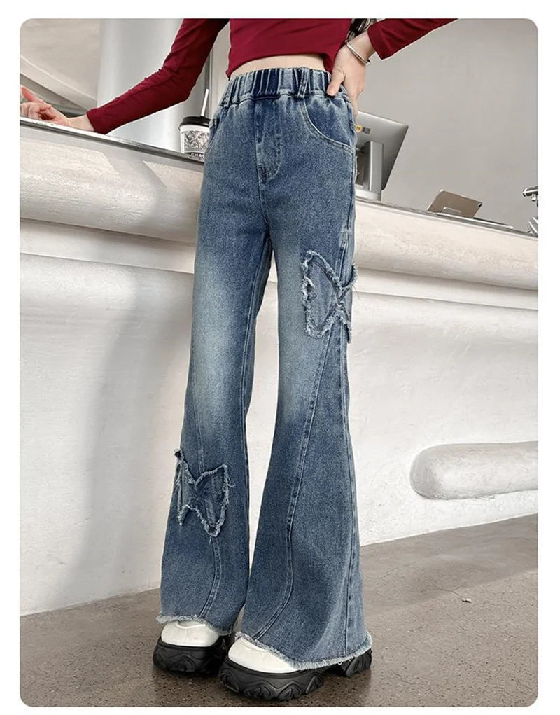 2025 Girls Wide Leg Jeans Loose Pants Spring Autumn Teen Casual Trousers Kids Fashion Straight Denim Long Pants Children Clothes
