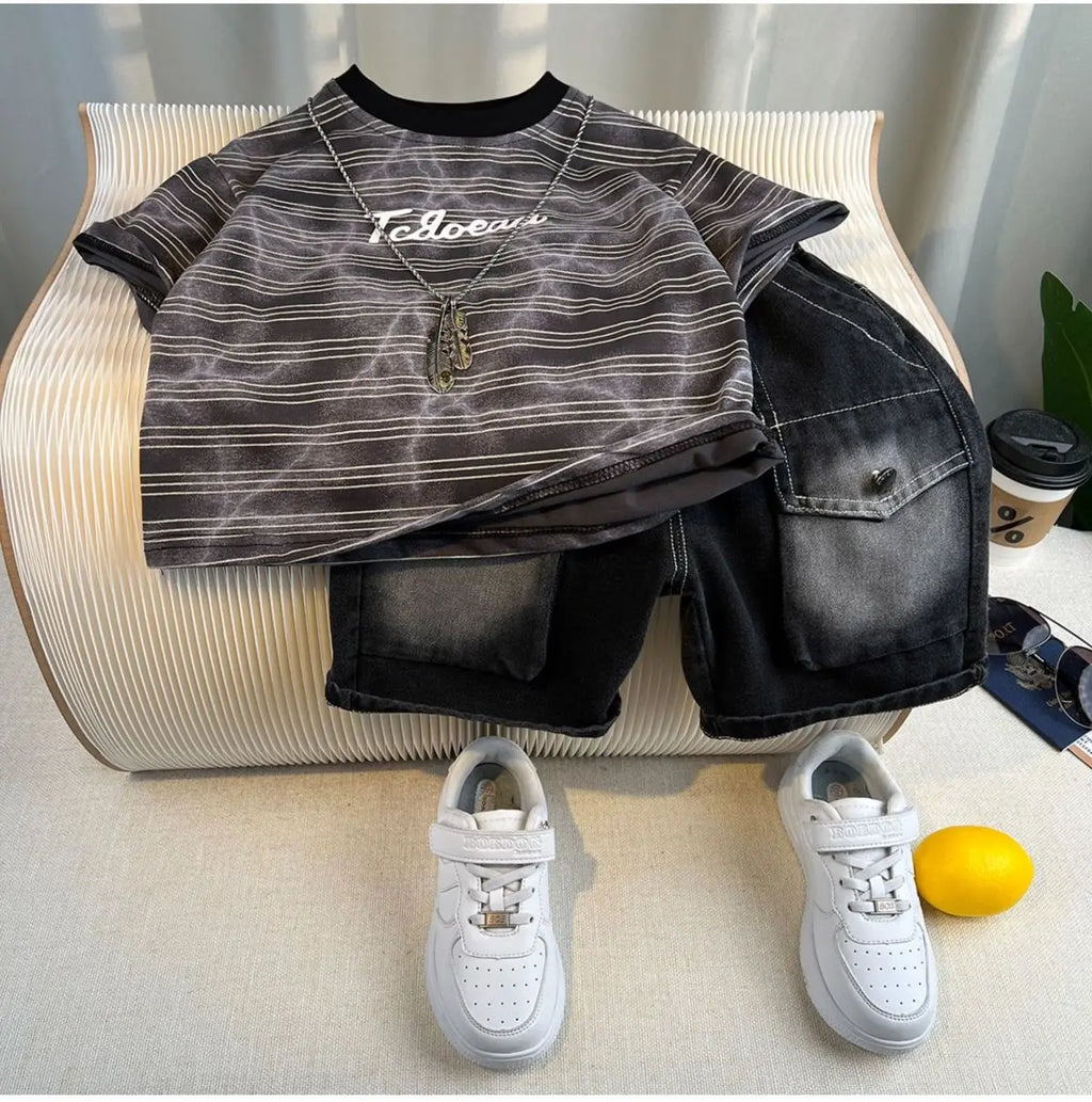 Kids Handsome Summer Clothing Denim Suit for Boy Casual T-shirt & Short Jeans 2Pcs Set Children's Top and Bottom Clothes Set