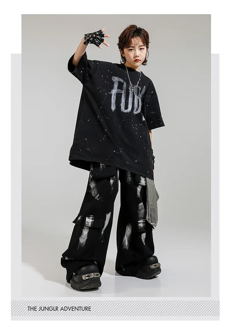 Hip Hop Boys Letters Cool T-shirt Loose Graffiti Pants Girls K-pop Costume Child Streetwear Kids Jazz Street Dance Clothes Sets