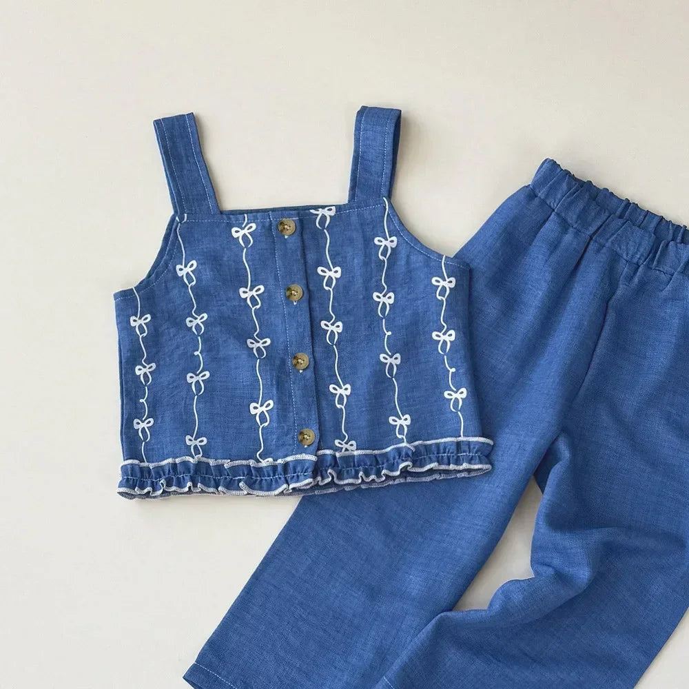 Summer New 2025 Baby Girls Suits Imitation Denim Bow Print Sleeveless Tops and Pants Two-piece Set Casual Children Clothing
