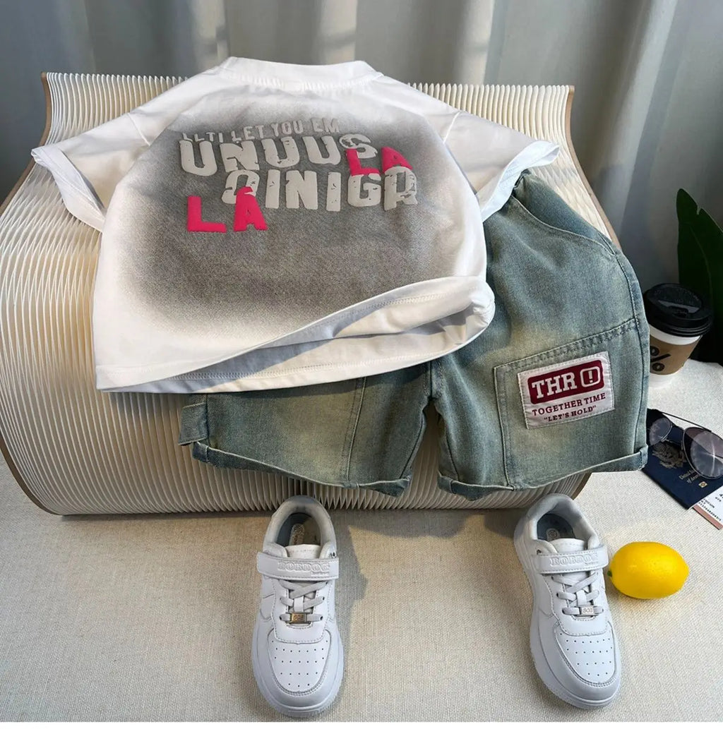 Kids Handsome Summer Clothing Denim Suit for Boy Casual T-shirt & Short Jeans 2Pcs Set Children's Top and Bottom Clothes Set