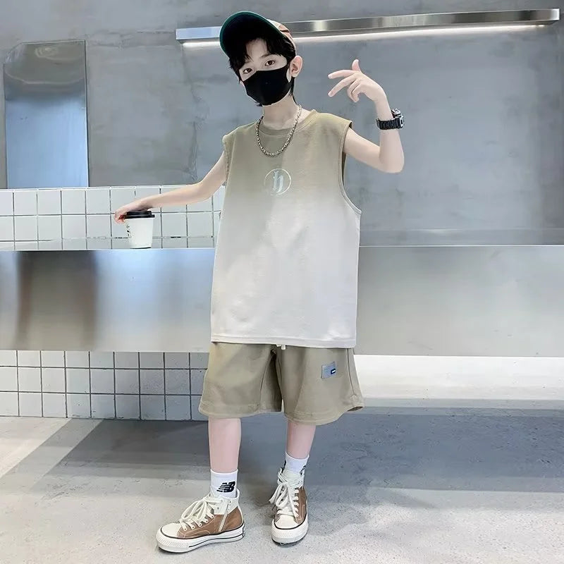 Boys Vest Sportwear Sets Summer Big Kids Casual Clothes Suits Sleeveless Tops+Shorts 2Pcs Children Trendy Handsome Outfits 3-10Y