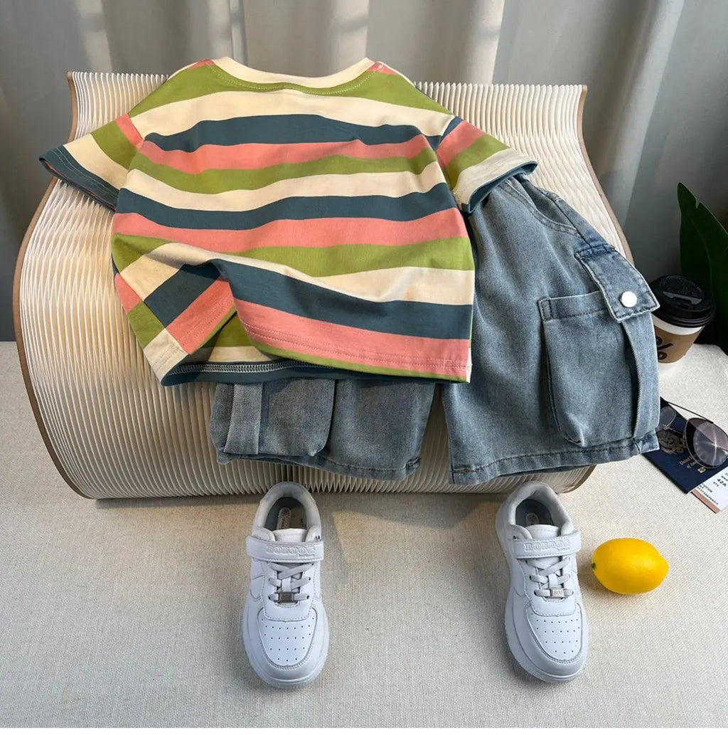 Kids Handsome Summer Clothing Denim Suit for Boy Casual T-shirt & Short Jeans 2Pcs Set Children's Top and Bottom Clothes Set