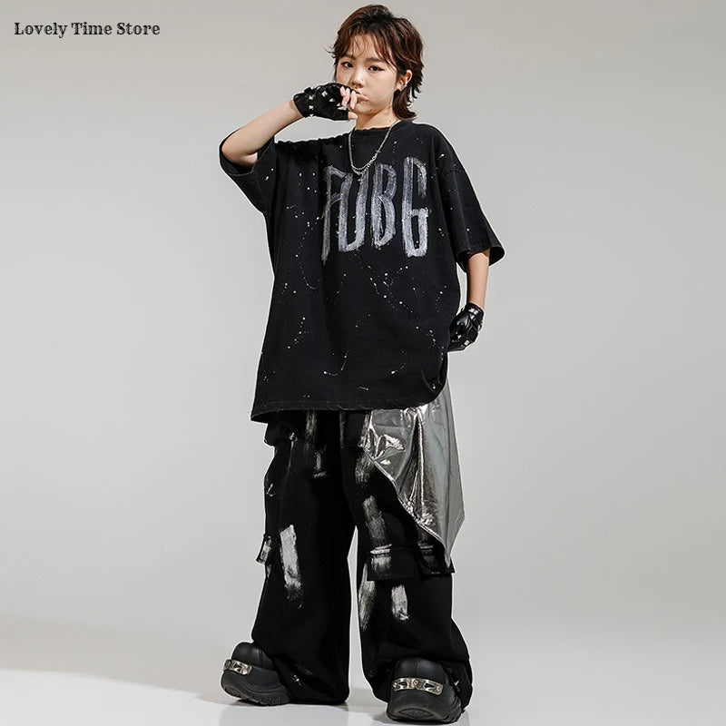 Hip Hop Boys Letters Cool T-shirt Loose Graffiti Pants Girls K-pop Costume Child Streetwear Kids Jazz Street Dance Clothes Sets