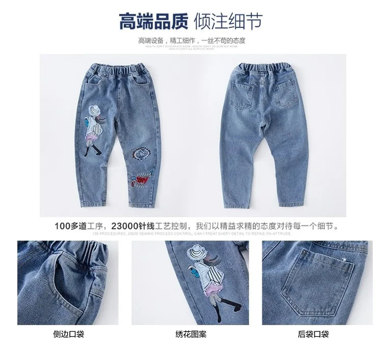 3-12 Years Teen Girls Jeans Little Girl Embroidery Fashion Long Pants For Kids Slim Fit Style Children Denim Fabric Trousers