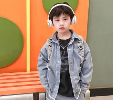 2-10Y Boys Spring Autumn Gray Retro Hole 2025 Denim Coat Pant Suit girl American Style New Loose Slimming High Waist Floor Pants