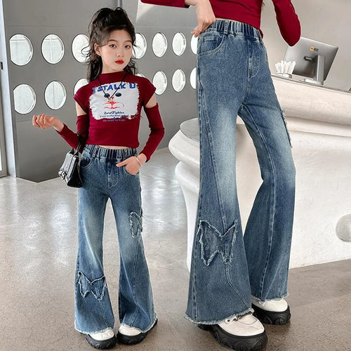 2025 Girls Wide Leg Jeans Loose Pants Spring Autumn Teen Casual Trousers Kids Fashion Straight Denim Long Pants Children Clothes