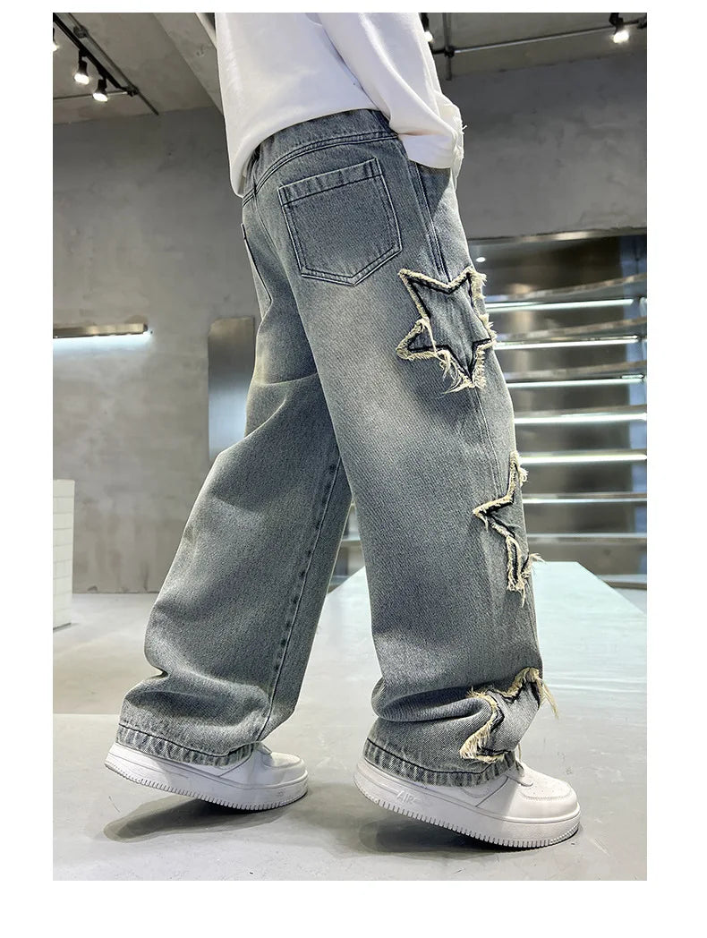 Kids Trousers New Fashion Teenager Boys Denim Wide Leg Pants Child Trousers Spring Autumn Star Splicing Raw Edge Jeans 5-14 Yrs