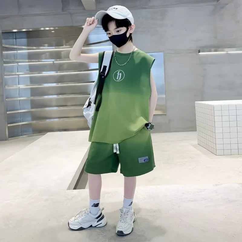 Boys Vest Sportwear Sets Summer Big Kids Casual Clothes Suits Sleeveless Tops+Shorts 2Pcs Children Trendy Handsome Outfits 3-10Y