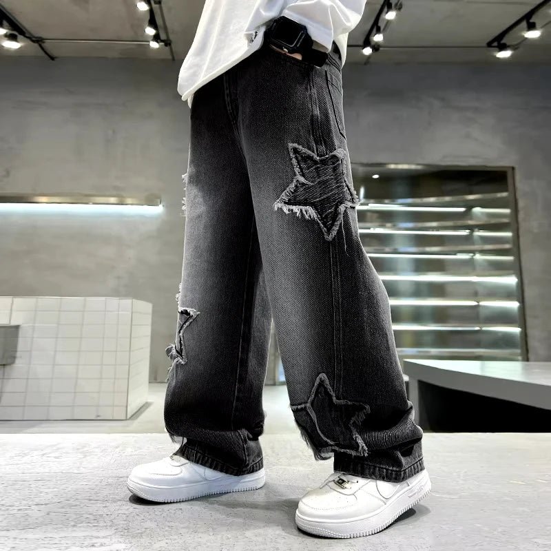 Kids Trousers New Fashion Teenager Boys Denim Wide Leg Pants Child Trousers Spring Autumn Star Splicing Raw Edge Jeans 5-14 Yrs