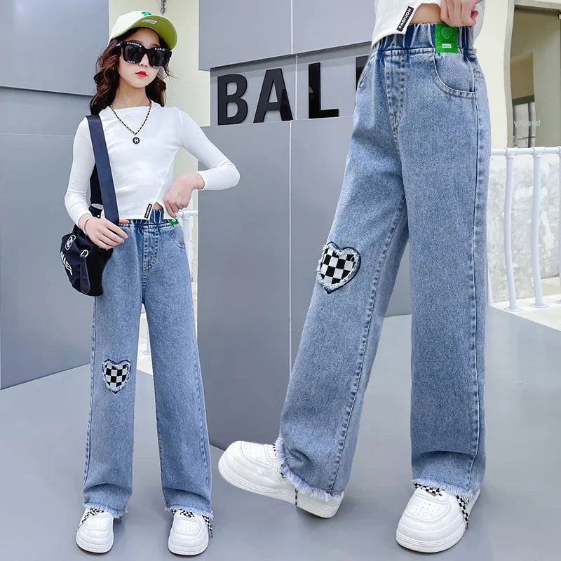 Girls Spring Jeans Children Wide-Leg Denim Pants Autumn Teenager Casual Loose Straight-Leg Trousers Kids Fashion Clothing