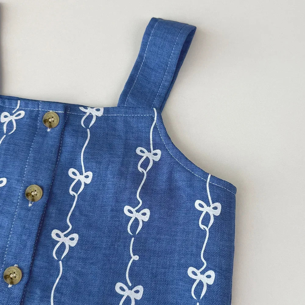 Summer New 2025 Baby Girls Suits Imitation Denim Bow Print Sleeveless Tops and Pants Two-piece Set Casual Children Clothing