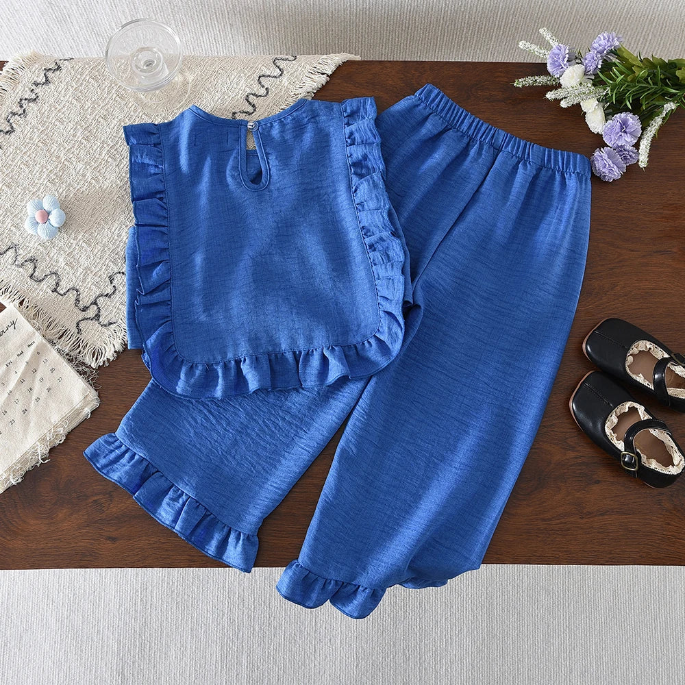 Summer New 2025 Baby Girls Suits Imitation Denim Bow Print Sleeveless Tops and Pants Two-piece Set Casual Children Clothing