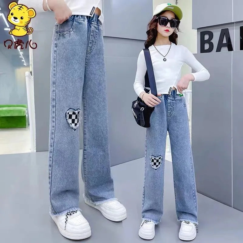 Girls Spring Jeans Children Wide-Leg Denim Pants Autumn Teenager Casual Loose Straight-Leg Trousers Kids Fashion Clothing