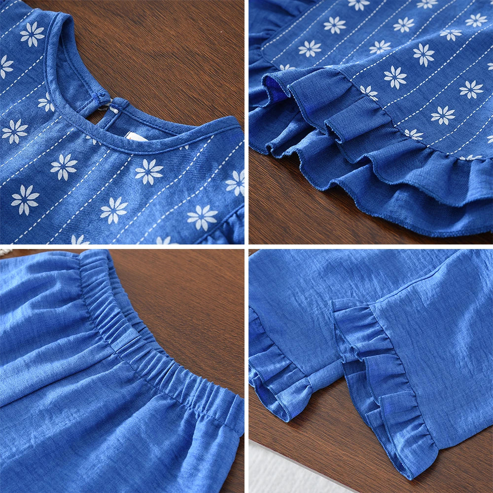 Summer New 2025 Baby Girls Suits Imitation Denim Bow Print Sleeveless Tops and Pants Two-piece Set Casual Children Clothing