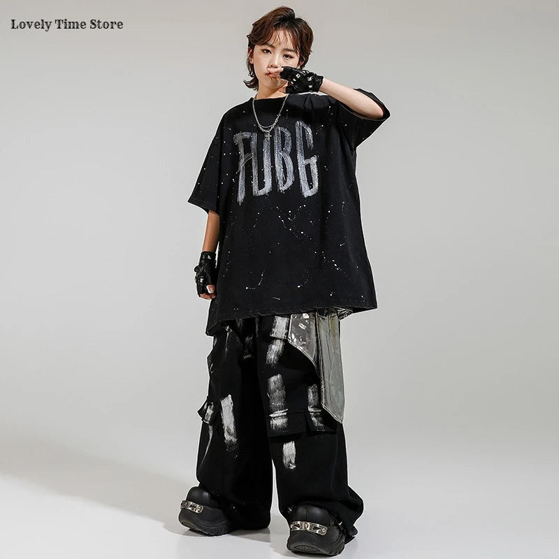 Hip Hop Boys Letters Cool T-shirt Loose Graffiti Pants Girls K-pop Costume Child Streetwear Kids Jazz Street Dance Clothes Sets