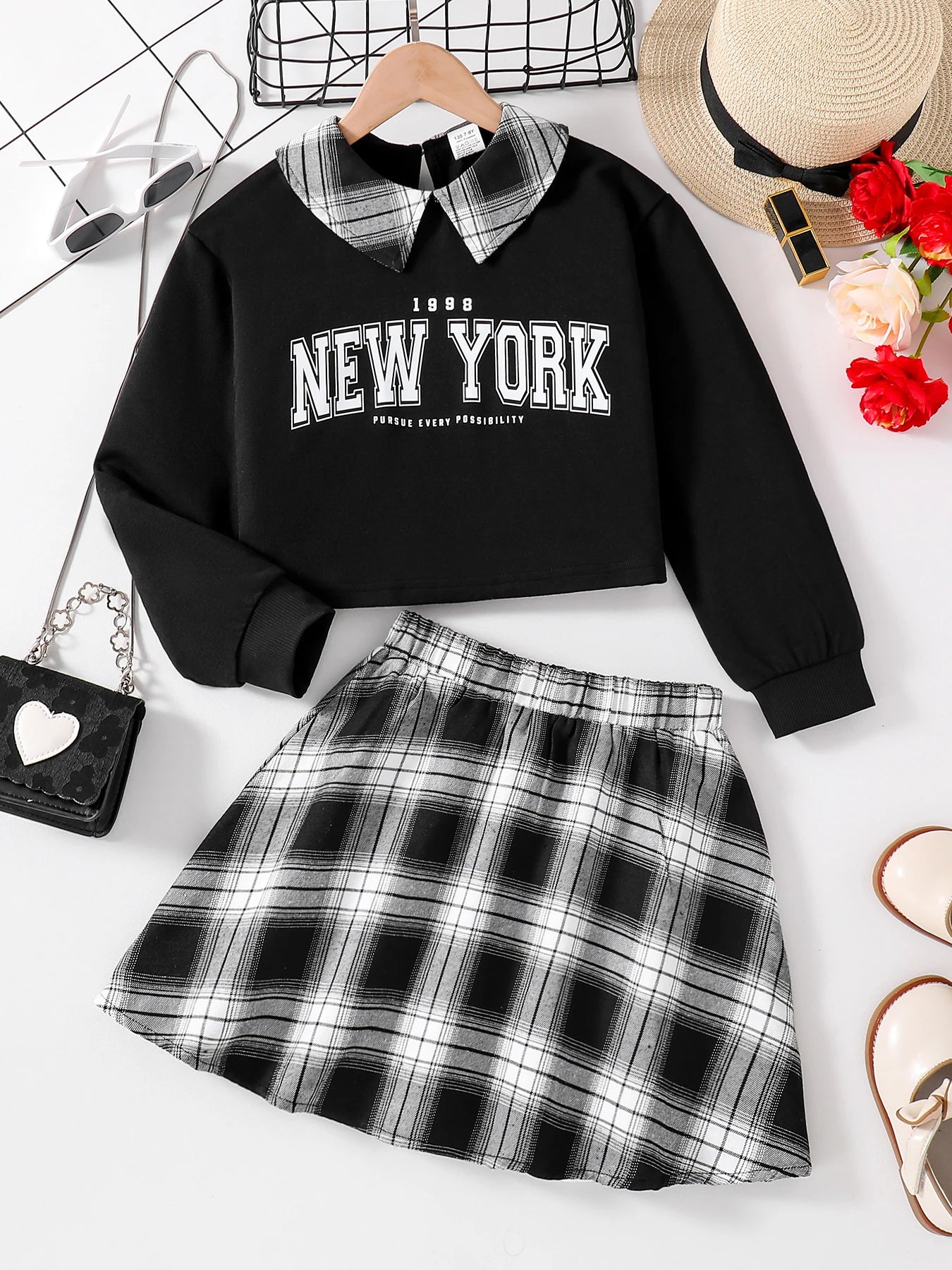 Girls Fashion Casual 2-Piece Set Black Lapel Long-Sleeved Letter Print Shirt Plaid Skirt Spring Autumn New