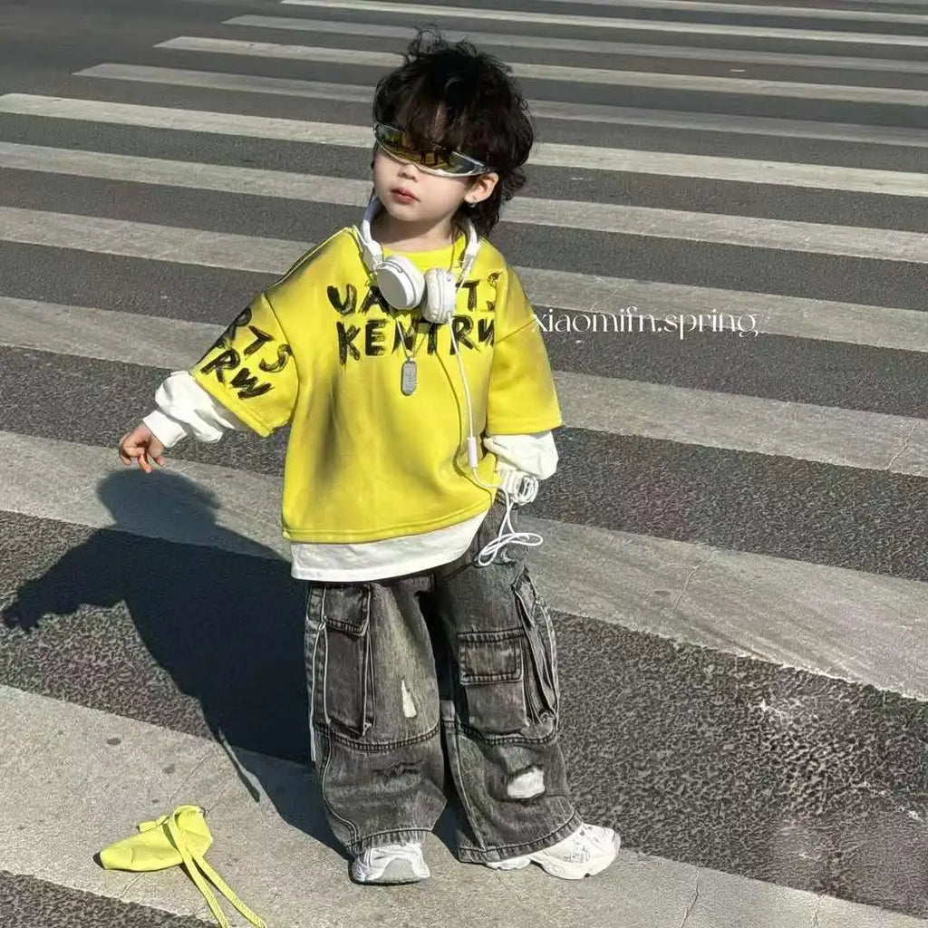 Boy Costumes Sweatshirt New Patchwork Hoodie Korean Letter T-shirt Retro Workwear Wide Jeans Kids Denim Overalls Outfit 2-11 Y