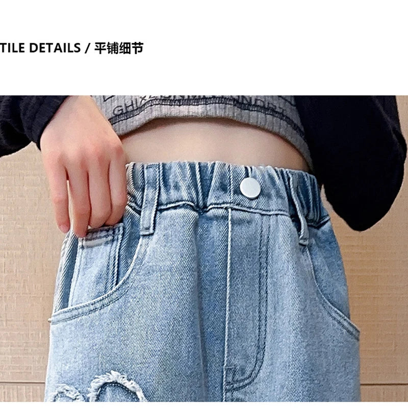 Teenagers Girls Jeans Love Embroidery Children Trousers Autumn Girls Denim Wide Leg Pants 5 6 8 10 12 14 Years New Kids Clothes