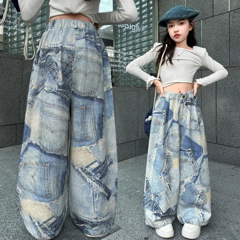 Spring Autumn Teenager Girls Denim Wide Leg Pants Children Trousers New Fashion Tie Dye Design Girls Jeans 5-14 Yrs Kids Clothes