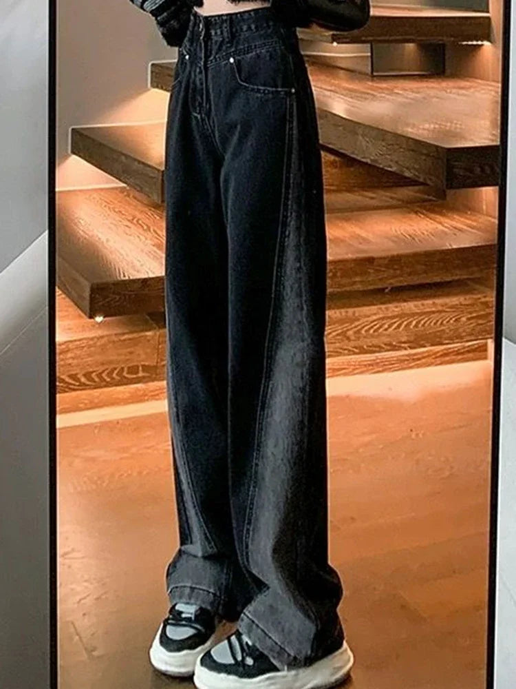 Woman High Waist Jeans Lady American High Street Patchwork Straight Leg Pants Girls Black Gray Contrast Color Wide Leg Trousers