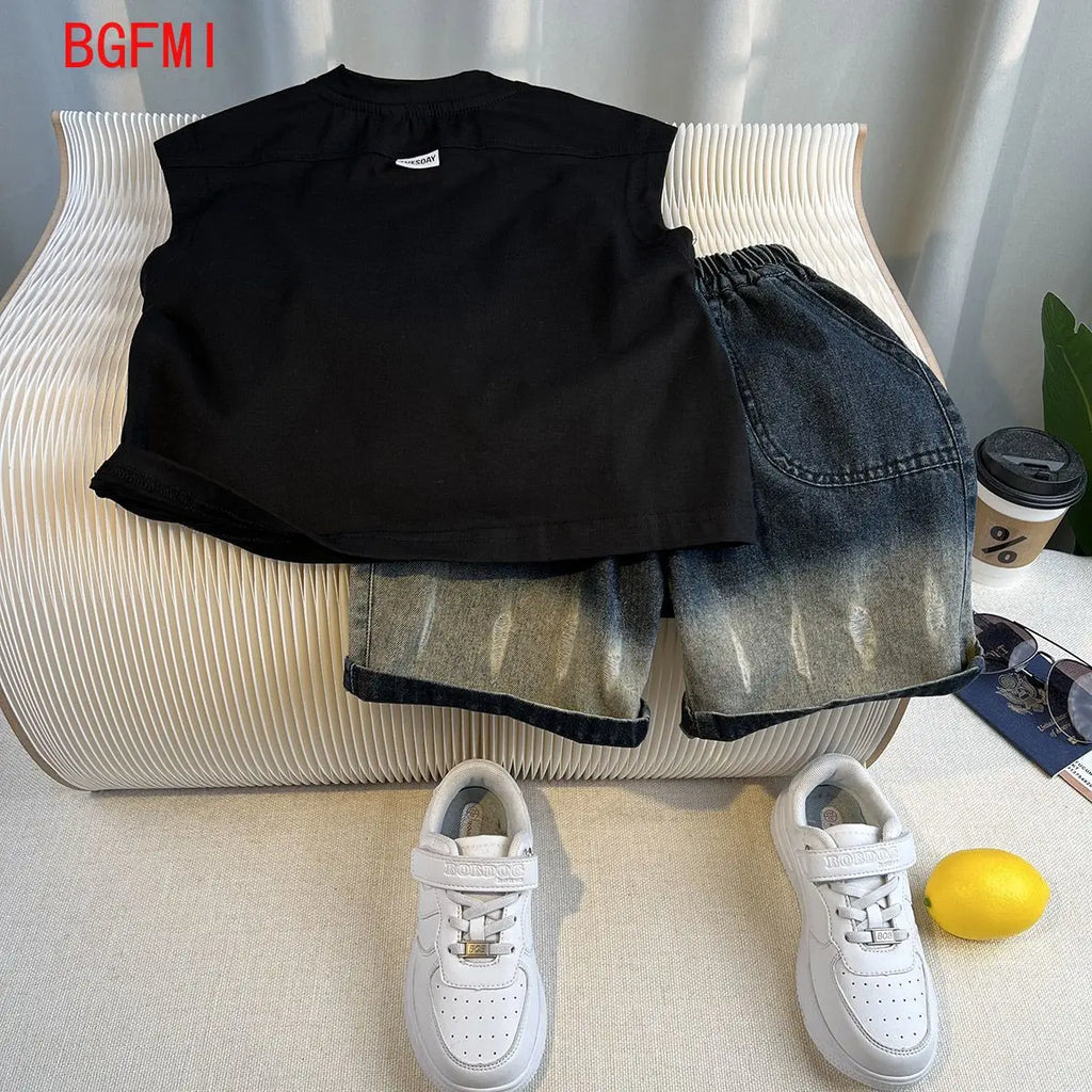 Kids Handsome Summer Clothing Denim Suit for Boy Casual T-shirt & Short Jeans 2Pcs Set Children's Top and Bottom Clothes Set