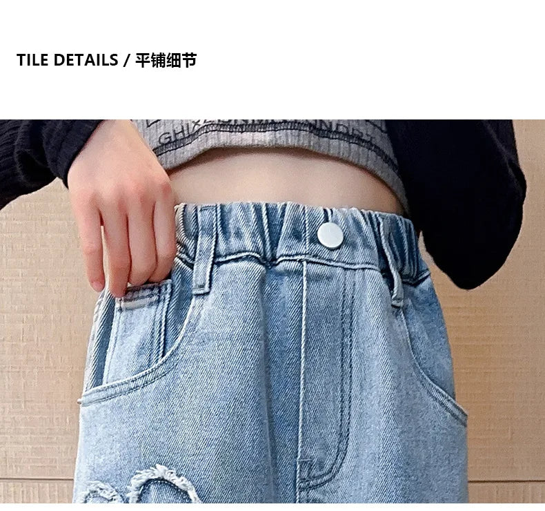 Teenagers Girls Jeans Love Embroidery Children Trousers Autumn Girls Denim Wide Leg Pants 5 6 8 10 12 14 Years New Kids Clothes