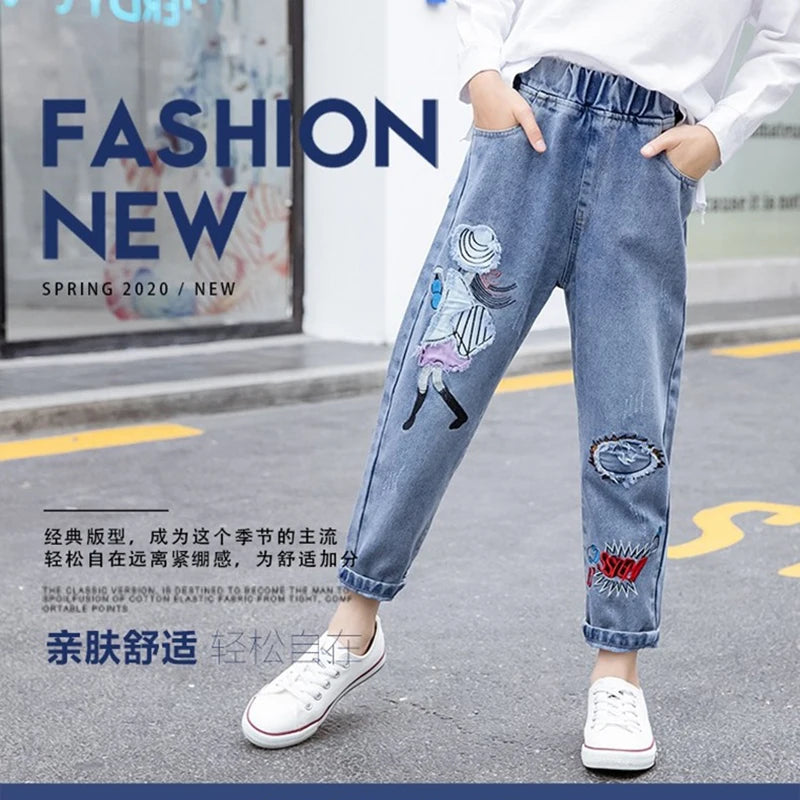 3-12 Years Teen Girls Jeans Little Girl Embroidery Fashion Long Pants For Kids Slim Fit Style Children Denim Fabric Trousers