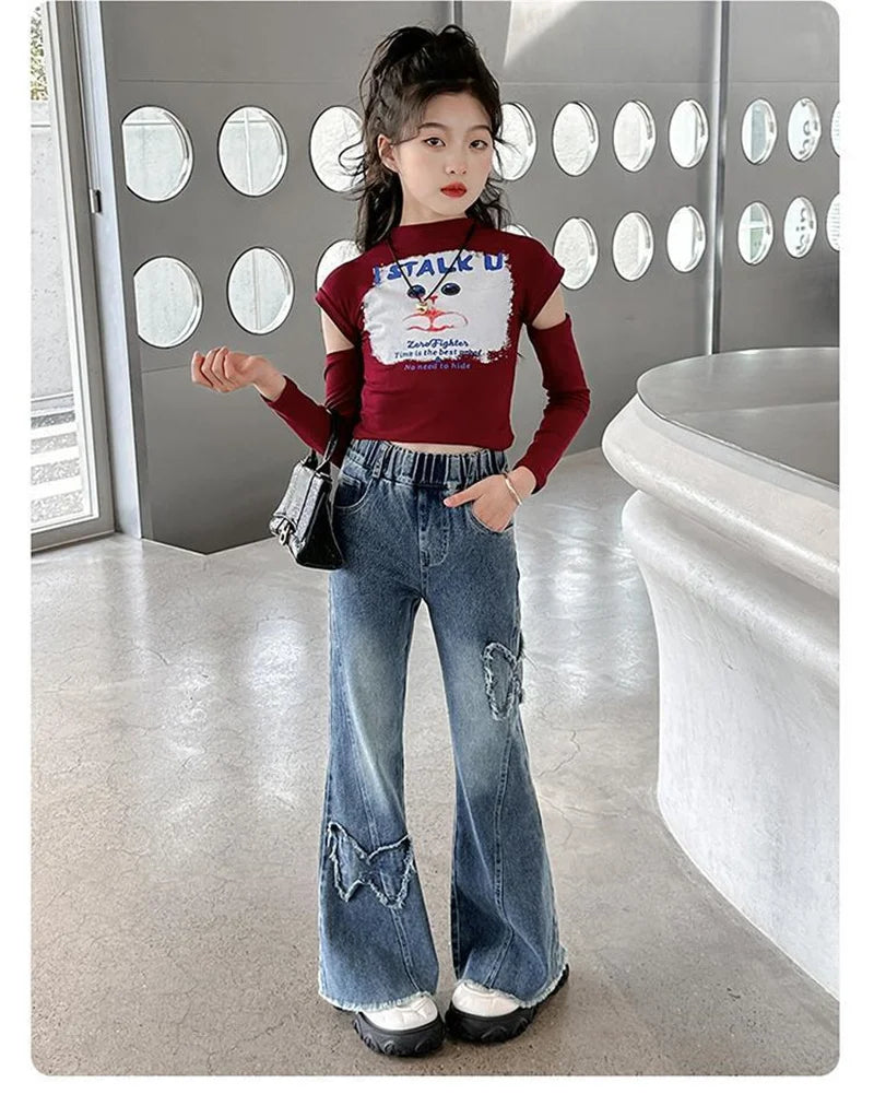 2025 Girls Wide Leg Jeans Loose Pants Spring Autumn Teen Casual Trousers Kids Fashion Straight Denim Long Pants Children Clothes