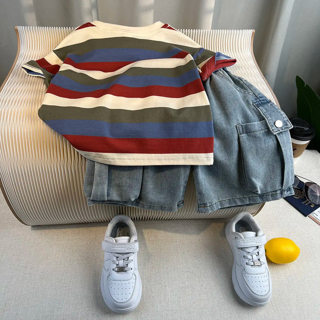Kids Handsome Summer Clothing Denim Suit for Boy Casual T-shirt & Short Jeans 2Pcs Set Children's Top and Bottom Clothes Set
