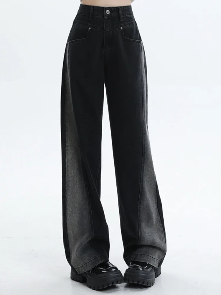 Woman High Waist Jeans Lady American High Street Patchwork Straight Leg Pants Girls Black Gray Contrast Color Wide Leg Trousers