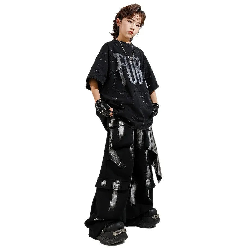 Hip Hop Boys Letters Cool T-shirt Loose Graffiti Pants Girls K-pop Costume Child Streetwear Kids Jazz Street Dance Clothes Sets