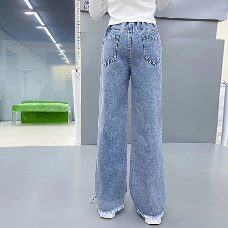 Girls Spring Jeans Children Wide-Leg Denim Pants Autumn Teenager Casual Loose Straight-Leg Trousers Kids Fashion Clothing