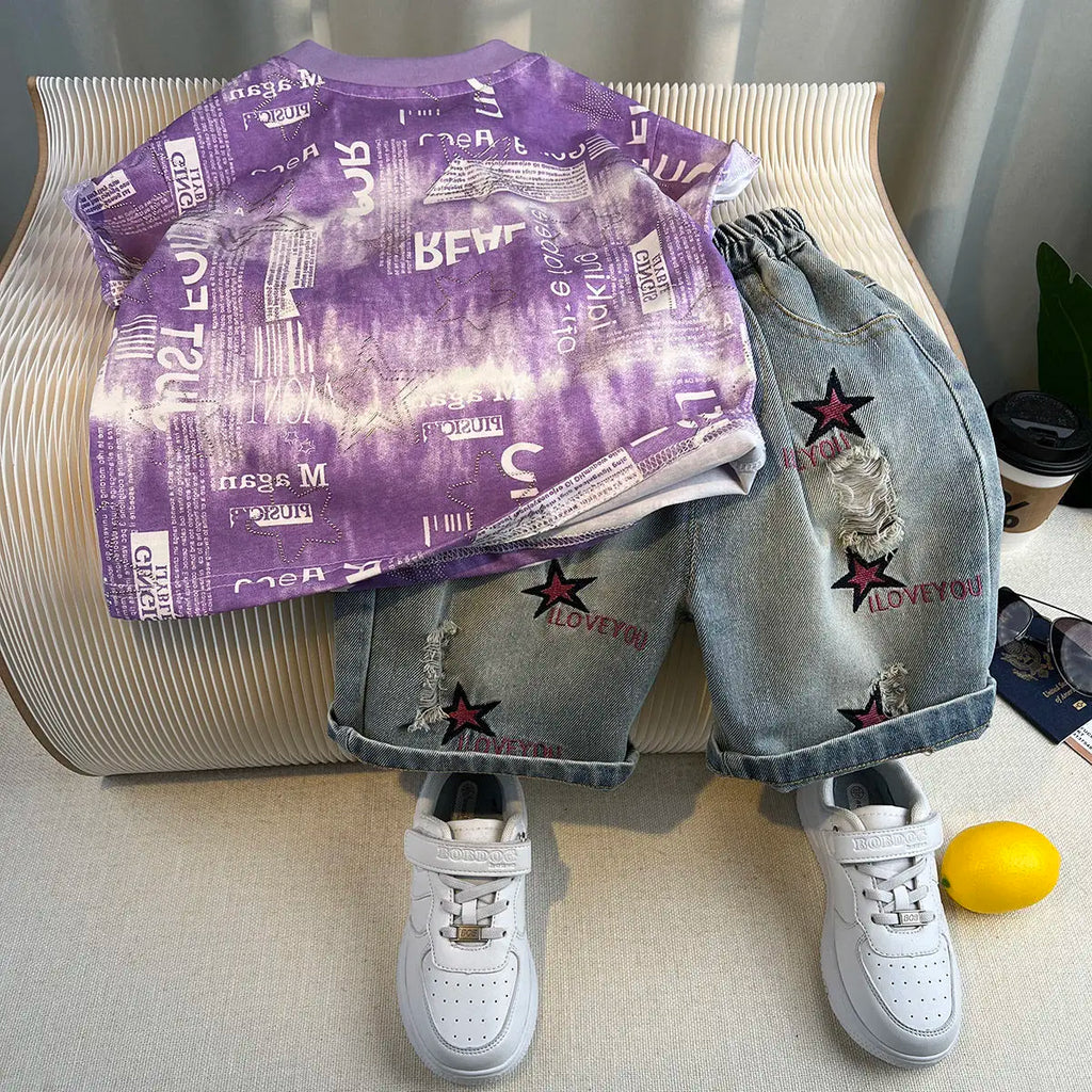 Kids Handsome Summer Clothing Denim Suit for Boy Casual T-shirt & Short Jeans 2Pcs Set Children's Top and Bottom Clothes Set