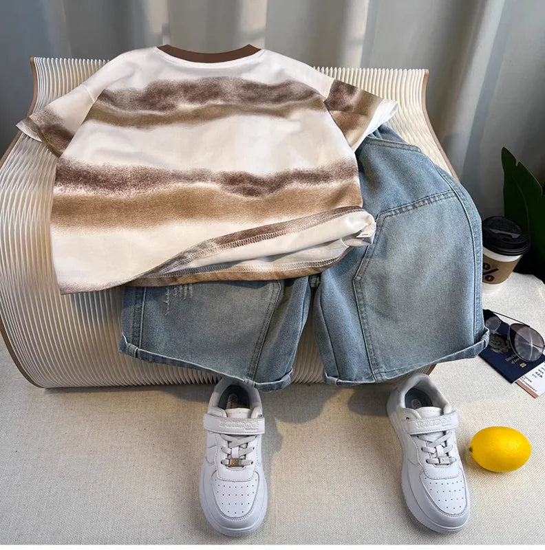 Kids Handsome Summer Clothing Denim Suit for Boy Casual T-shirt & Short Jeans 2Pcs Set Children's Top and Bottom Clothes Set