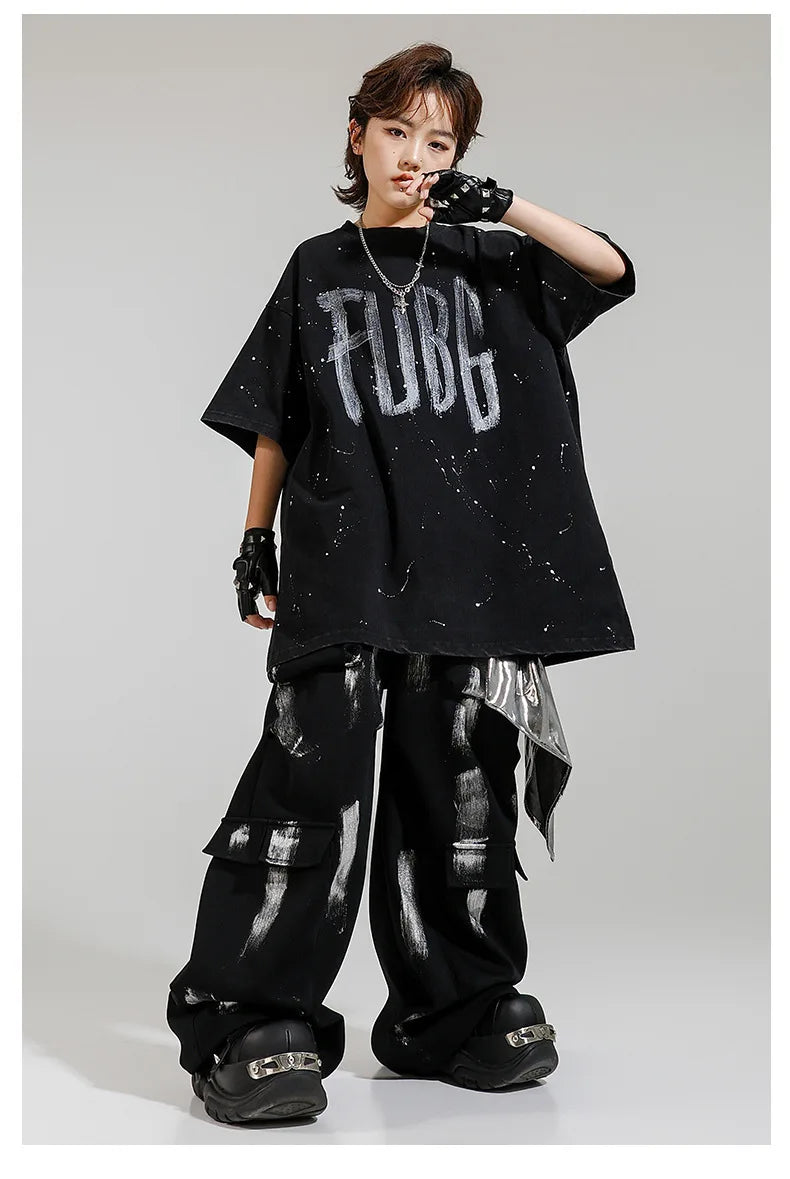 Hip Hop Boys Letters Cool T-shirt Loose Graffiti Pants Girls K-pop Costume Child Streetwear Kids Jazz Street Dance Clothes Sets