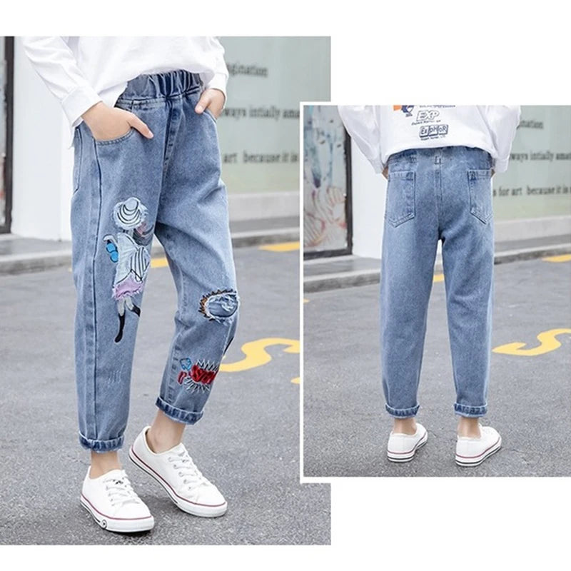 3-12 Years Teen Girls Jeans Little Girl Embroidery Fashion Long Pants For Kids Slim Fit Style Children Denim Fabric Trousers