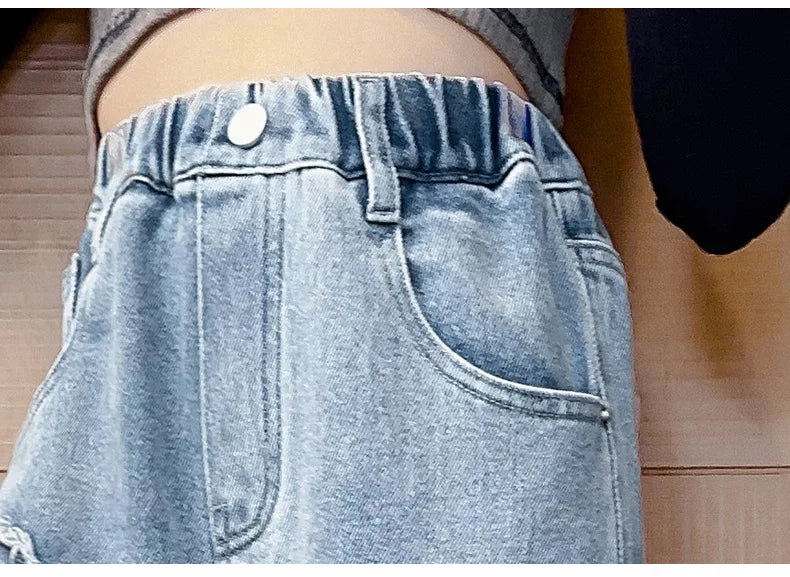 Teenagers Girls Jeans Love Embroidery Children Trousers Autumn Girls Denim Wide Leg Pants 5 6 8 10 12 14 Years New Kids Clothes