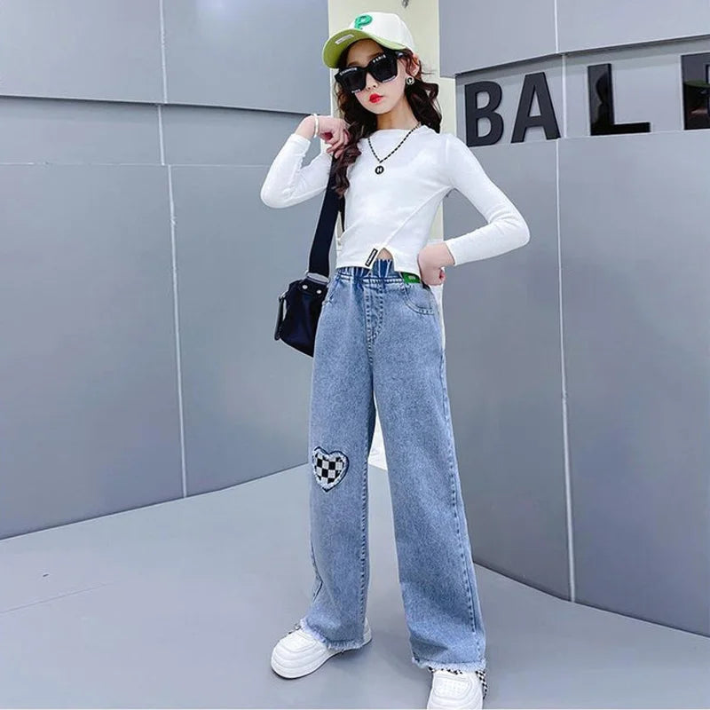 Girls Spring Jeans Children Wide-Leg Denim Pants Autumn Teenager Casual Loose Straight-Leg Trousers Kids Fashion Clothing