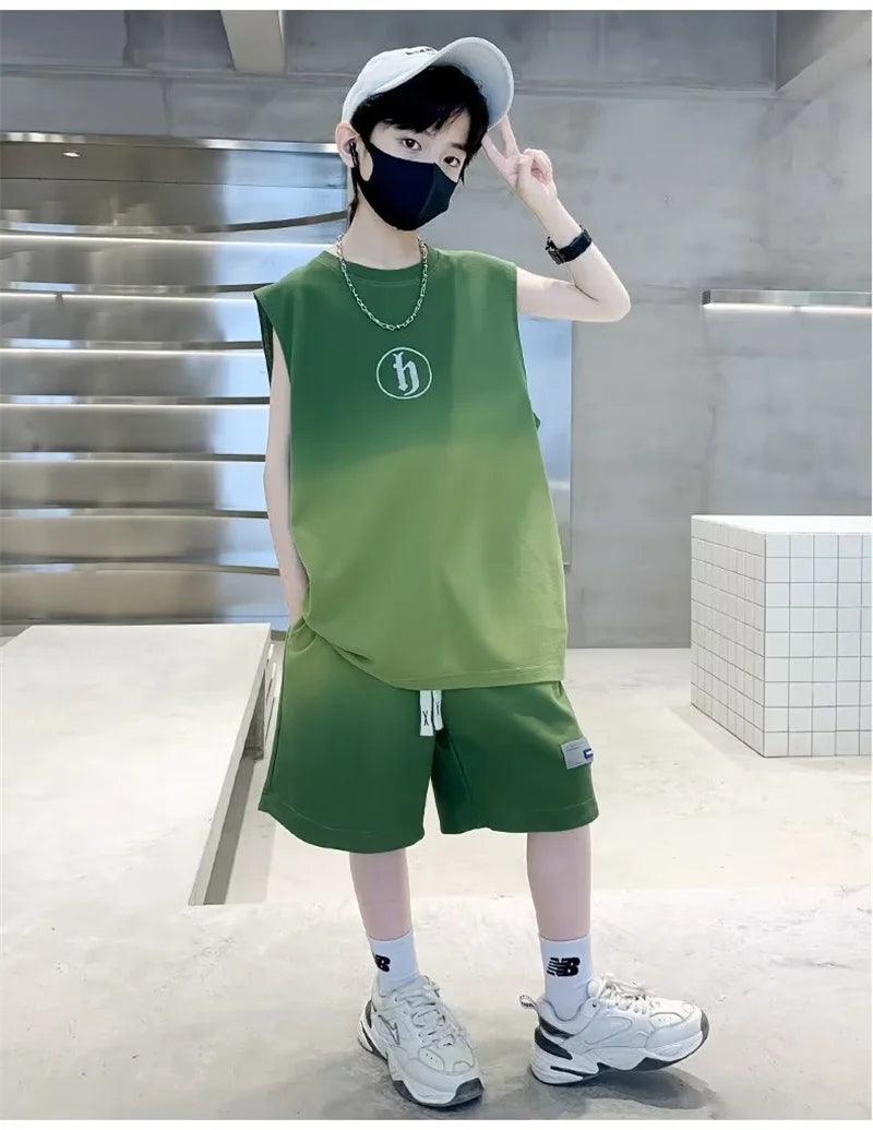 Boys Vest Sportwear Sets Summer Big Kids Casual Clothes Suits Sleeveless Tops+Shorts 2Pcs Children Trendy Handsome Outfits 3-10Y