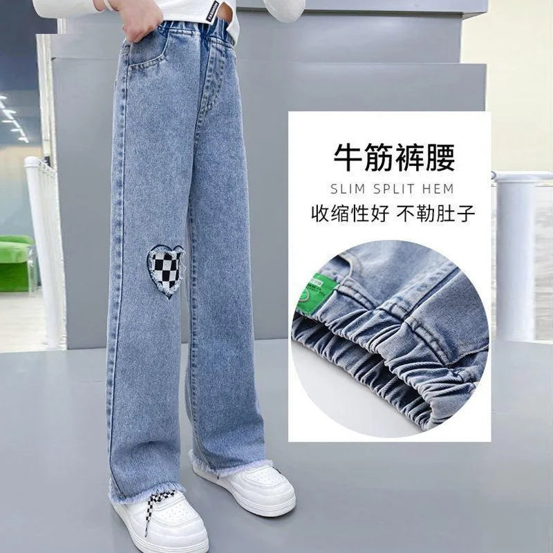 Girls Spring Jeans Children Wide-Leg Denim Pants Autumn Teenager Casual Loose Straight-Leg Trousers Kids Fashion Clothing