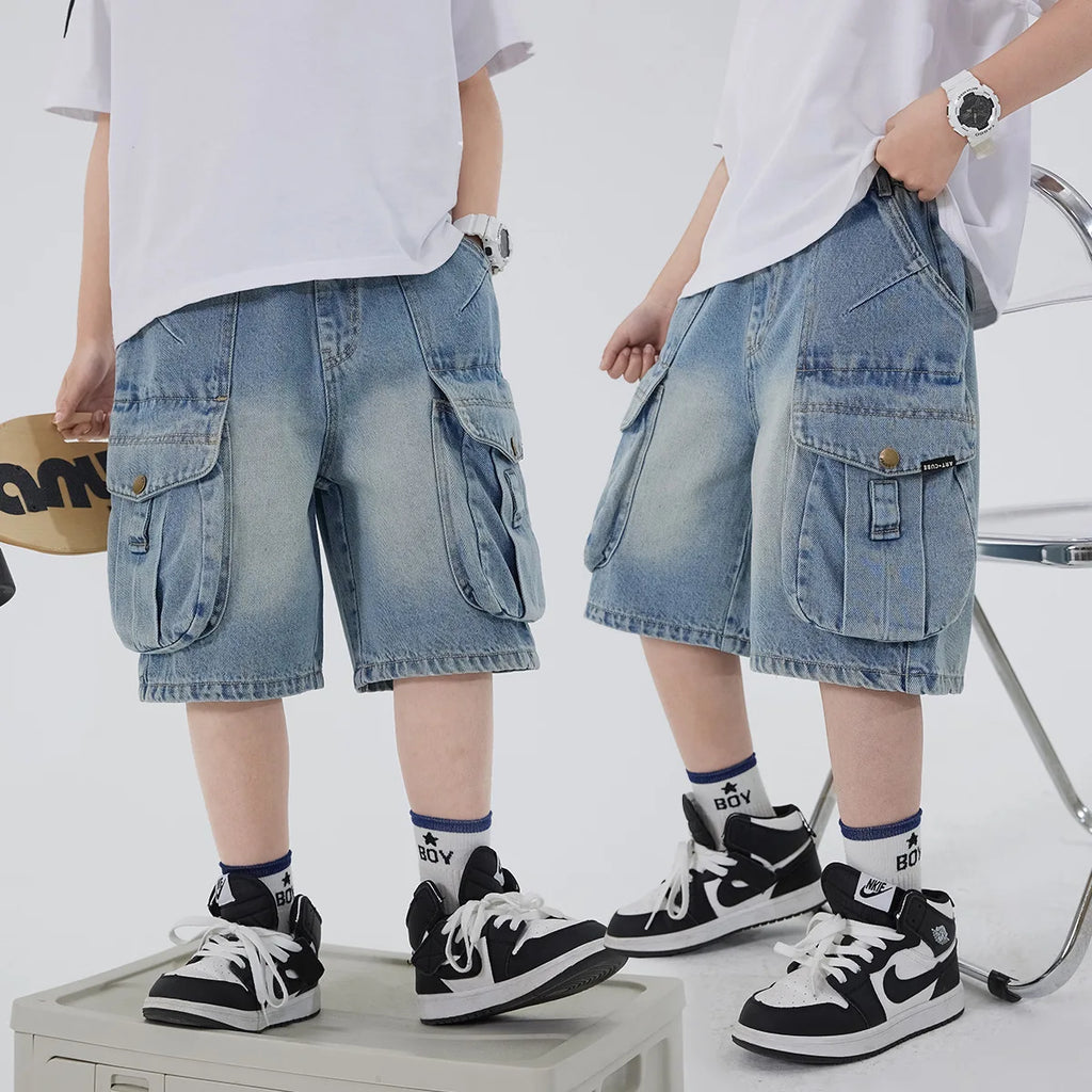 Boys' Workwear Denim Shorts Summer 2026 New Teenage Children's Pocket Design Outdoor Wear Loose Jeans Big Kids Mid-Pants