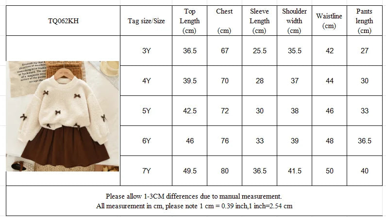Khaki Fashion Autumn Winter New 3-7 Year Old Girls' Round Neck Long Sleeve Bow Top+pleated Skirt Two Piece Set Korean Version