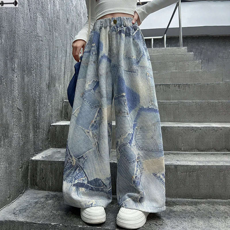 Spring Autumn Teenager Girls Denim Wide Leg Pants Children Trousers New Fashion Tie Dye Design Girls Jeans 5-14 Yrs Kids Clothes