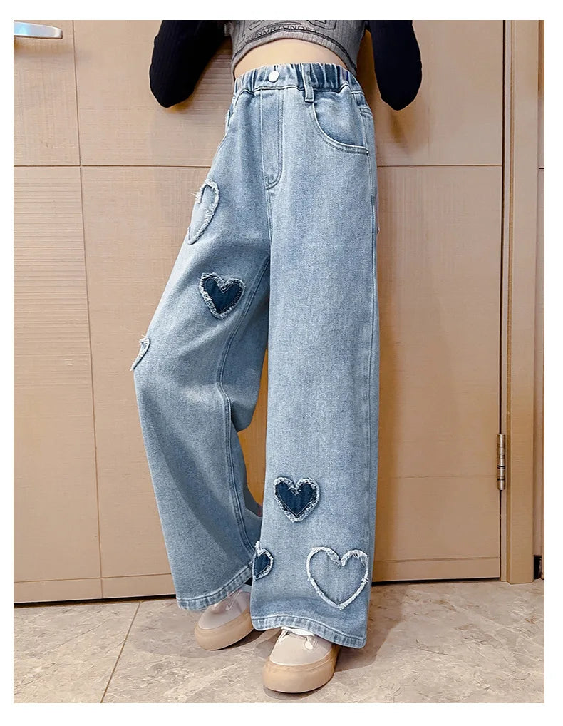Teenagers Girls Jeans Love Embroidery Children Trousers Autumn Girls Denim Wide Leg Pants 5 6 8 10 12 14 Years New Kids Clothes